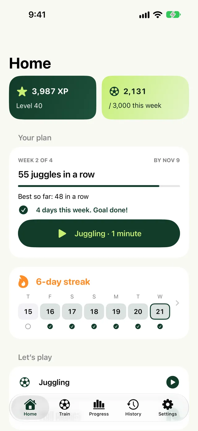 Touches home screen on iPhone with XP, a weekly touch goal, a 4-week plan card, a practice streak and juggling practice