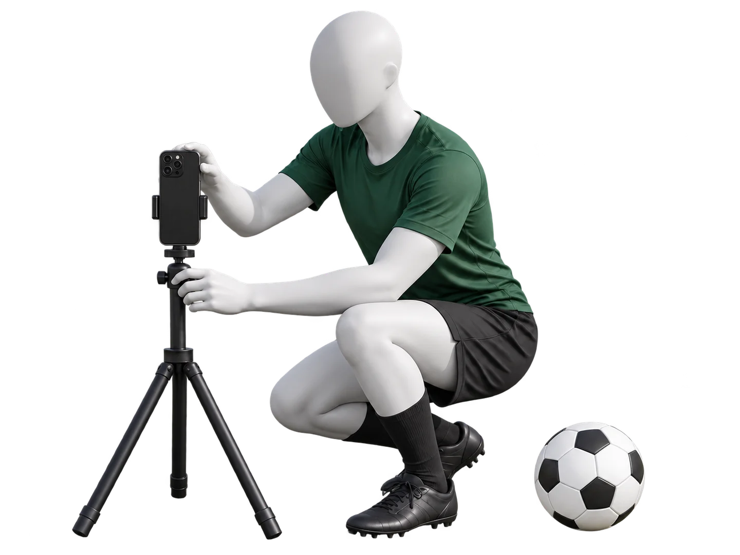 Mannequin crouching to position an iPhone on a tripod