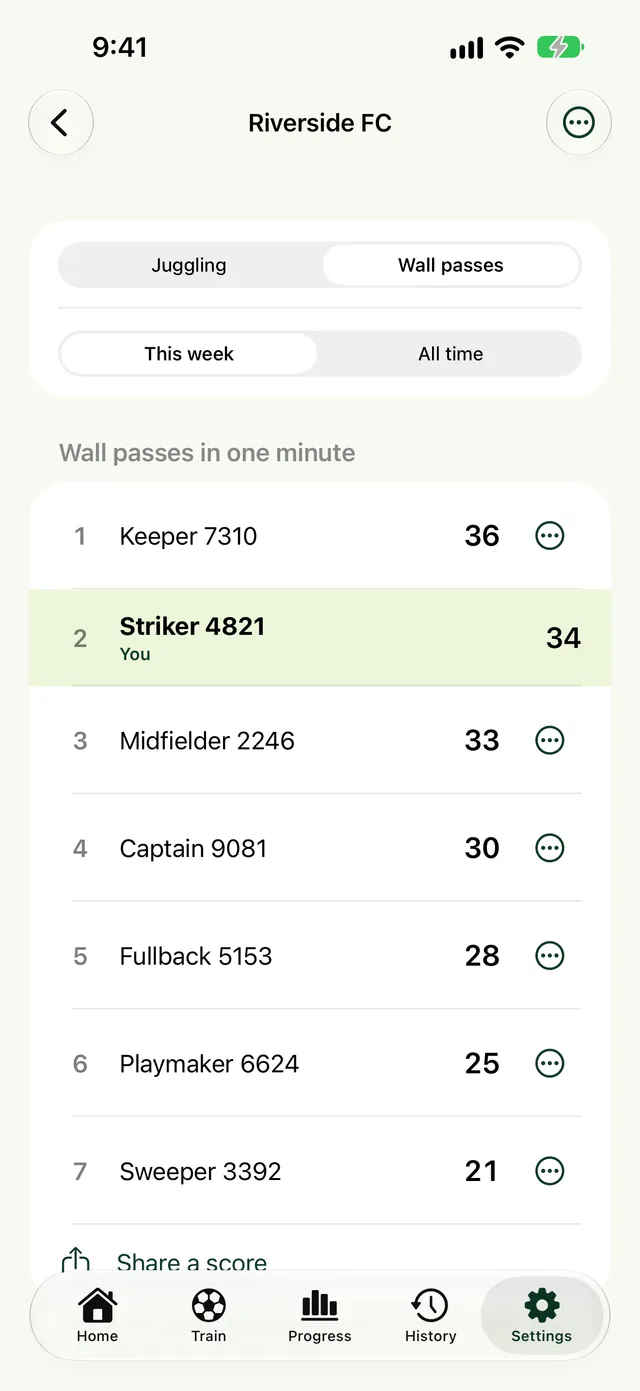 Touches Club board on iPhone ranking wall passes in one minute, with your 34 passes highlighted