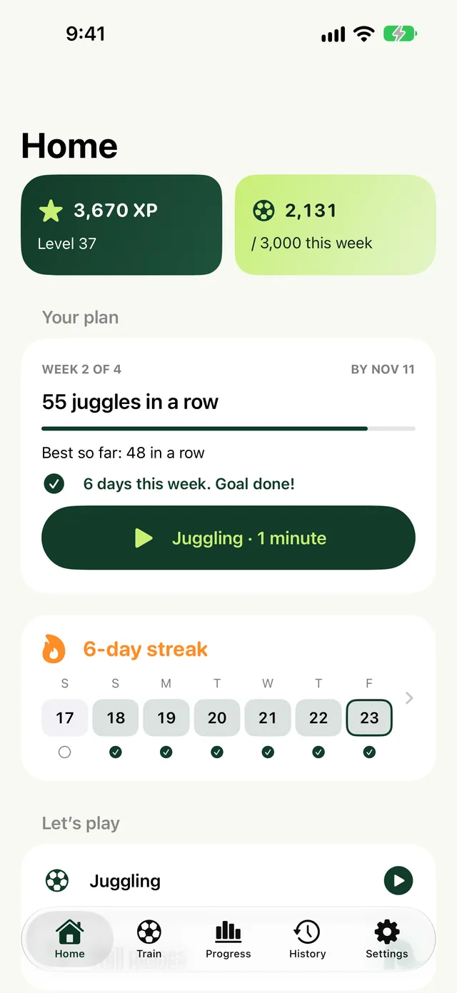Touches Home screen on iPhone with XP, a weekly touch goal, the 4-week plan card and a practice streak