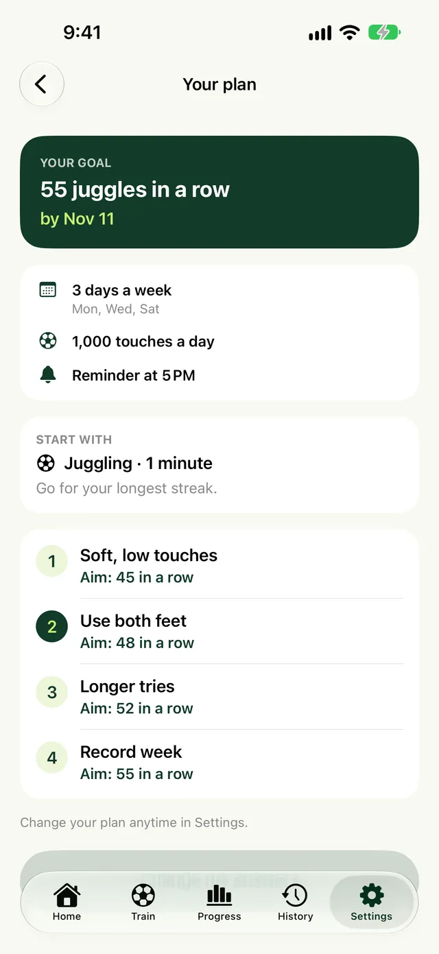 Touches plan screen on iPhone: a goal of 55 juggles in a row, practice days, a daily touch goal and four weekly steps