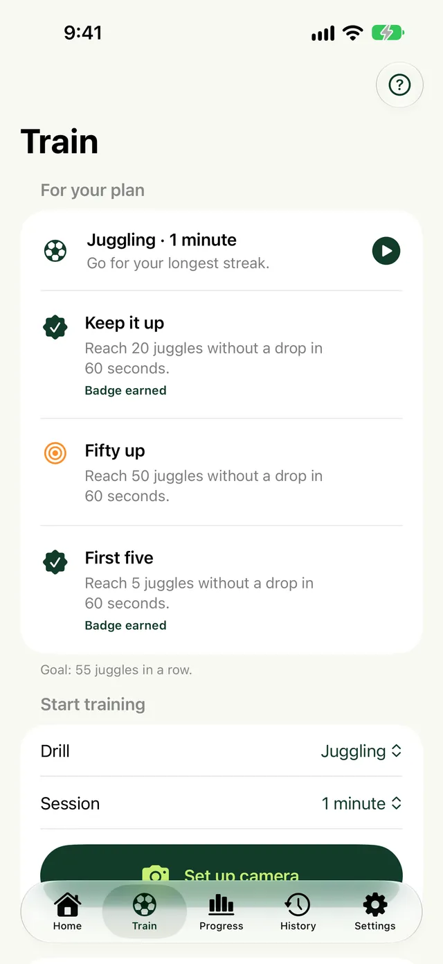 Touches Train screen on iPhone with plan drills, juggling challenges and the camera setup button